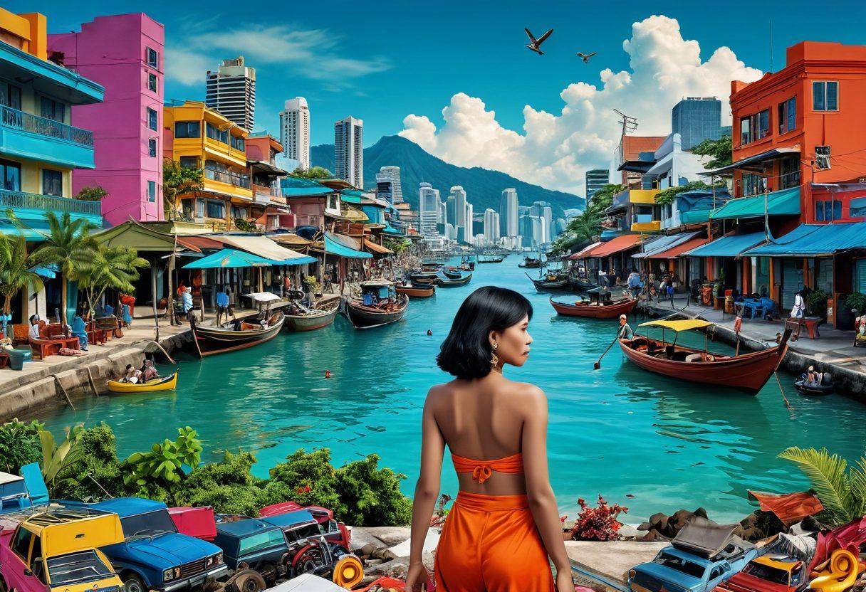 A dynamic and colorful montage illustrating the evolution of Indonesian adult entertainment, featuring elements like traditional and modern streaming devices, abstract representations of diverse content, and cultural icons subtly integrated. The background should reflect a blend of urban landscapes and serene coastal views, symbolizing the duality of tradition and modernity. The image should capture the vibrancy of the industry with vivid colors and engaging visuals. super-realistic. vibrant colors. urban and coastal theme.